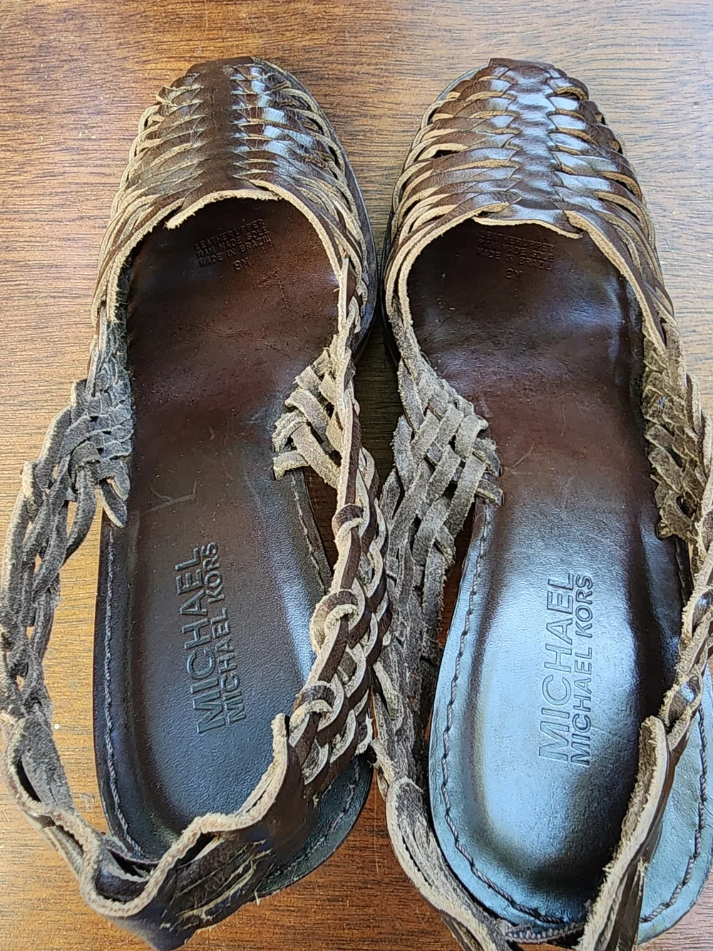 Michael Kors Vachetta Brown Woven Leather Huarache Slingback Wedge Sandals Sz 8